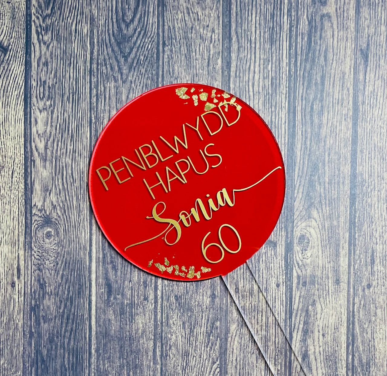 Penblwydd Hapus Cake Topper - Red with Gold Foil