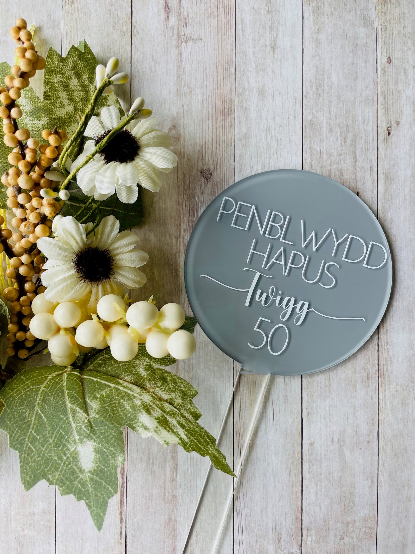 Welsh Penblwydd Hapus Cake Topper - Grey