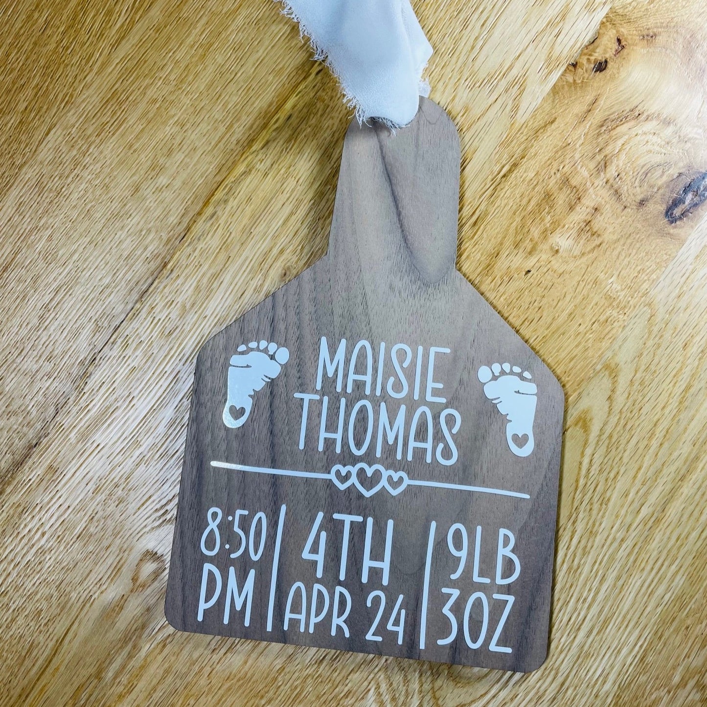 Baby Birth Stats Walnut Veneer Cow Tag