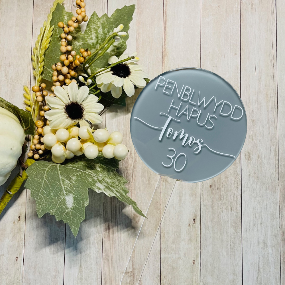 Welsh Penblwydd Hapus Cake Topper - Grey