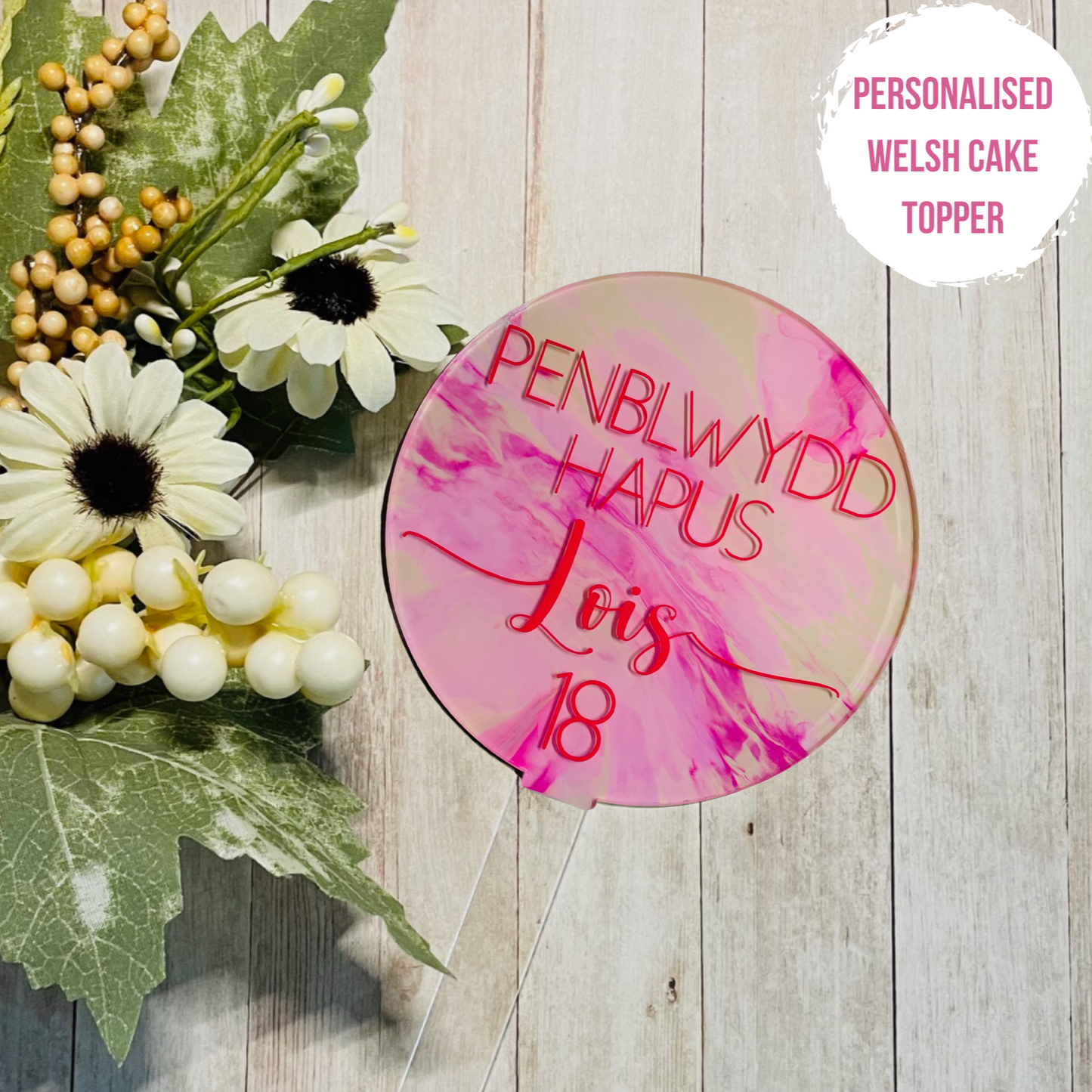 Penblwydd Hapus cake topper - Cream & Pink Marble Effect